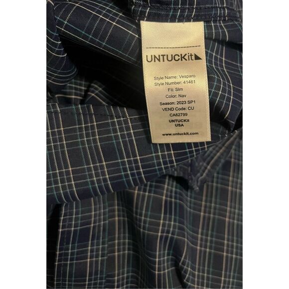 Untuckit Vesparo Slim Fit Navy Blue Check Men’s Button Down Shirt Extra Large XL - Picture 3 of 6